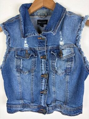 New Look Distressed Cropped Denim Vest Frayed Sleeveless Jean Jacket Medium Y2K